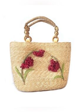 Straw Bag Flower 3D embroidery Zipper closure